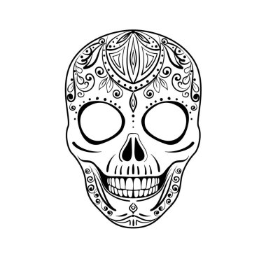 Siyah ve beyaz şeker kafatası vektör Illustration. Gün çiçek süsleme ve çiçek seamless modeli ile Dead renkli şeker kafatası. 