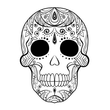 Siyah ve beyaz şeker kafatası vektör Illustration. Gün çiçek süsleme ve çiçek seamless modeli ile Dead renkli şeker kafatası. 