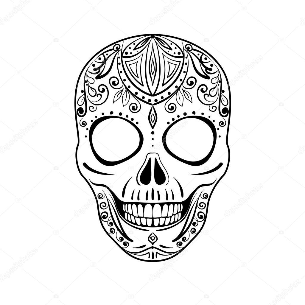 Vector illustration of a black and white sugar skull. Day of The Dead colorful sugar skull with floral ornament and flower seamless pattern. 