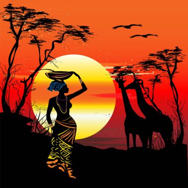 Afrika panorama, etnik, savannah, gündoğumu, gün batımı. Zürafa, siluet, doğa, seyahat.