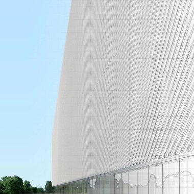 Modern tarzı binada cephe gün güneş tarafından aydınlatılmış. Beyaz çizgili modern cephe. Şekil çizim ile birlikte. 3D çizim.