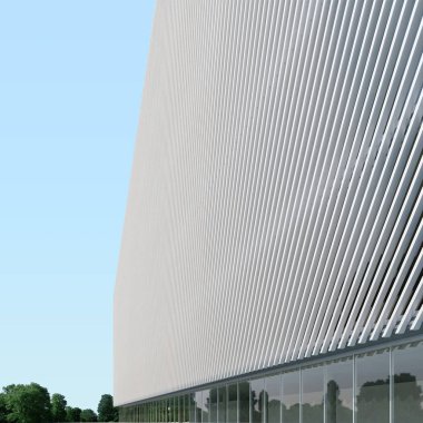 Modern tarzı binada cephe gün güneş tarafından aydınlatılmış. Beyaz çizgili modern cephe. 3D çizim.