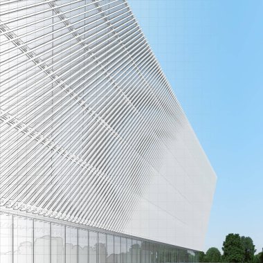 Modern tarzı binada cephe gün güneş tarafından aydınlatılmış. Beyaz çizgili modern cephe. Şekil çizim ile birlikte. 3D çizim.