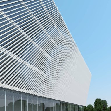 Modern tarzı binada cephe gün güneş tarafından aydınlatılmış. Beyaz çizgili modern cephe. 3D çizim.