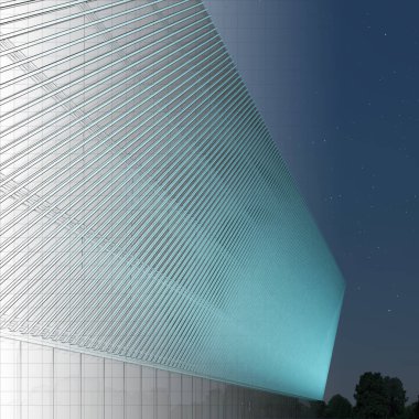 Gece aydınlatma ile modern bir tarzda bina cephe. Beyaz çizgili modern cephe. Şekil çizim ile birlikte. 3D çizim.
