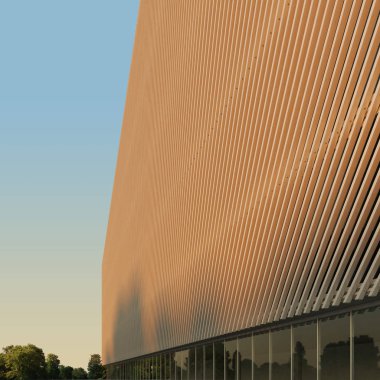 Modern tarzı binada cephe sabah güneş tarafından aydınlatılmış. Beyaz çizgili modern cephe. 3D çizim.