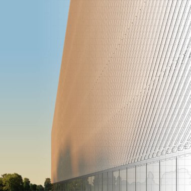 Modern tarzı binada cephe sabah güneş tarafından aydınlatılmış. Beyaz çizgili modern cephe. Şekil çizim ile birlikte. 3D çizim.