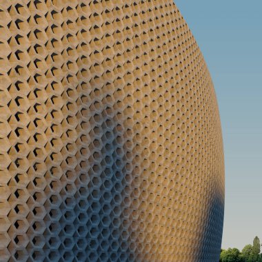 Modern tarzı binada cephe sabah güneş tarafından aydınlatılmış. Beton petek modern cephe. 3D çizim.