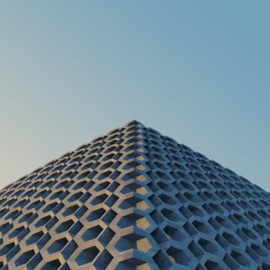 Modern tarzı binada cephe sabah güneş tarafından aydınlatılmış. Beton petek modern cephe. 3D çizim.