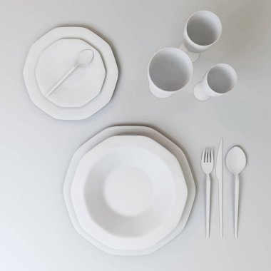 Yemekleri beyaz renklerde bir dizi soyut Illustration. Tabaklar, gözlük, kaşık, çatal, bıçağı masanın üzerinde. 3D çizim.