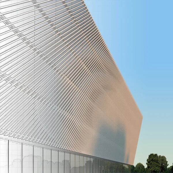 Modern tarzı binada cephe sabah güneş tarafından aydınlatılmış. Beyaz çizgili modern cephe. Şekil çizim ile birlikte. 3D çizim.