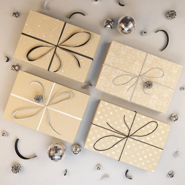 Cadeaux Noël Couleurs Dorées Belles Boîtes Noël Avec Des Cadeaux — Photo