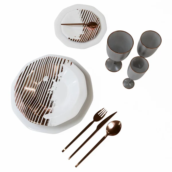 A beautiful set of dishes with a gold pattern. Isolated plates, glasses, spoons, fork, knife on the table. 3D illustration.