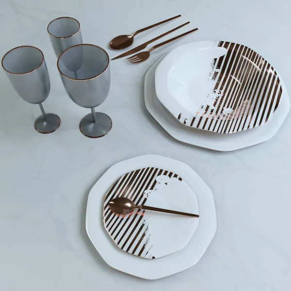 A beautiful set of dishes with a gold pattern. Plates, glasses, spoons, fork, knife on the table. 3D illustration.