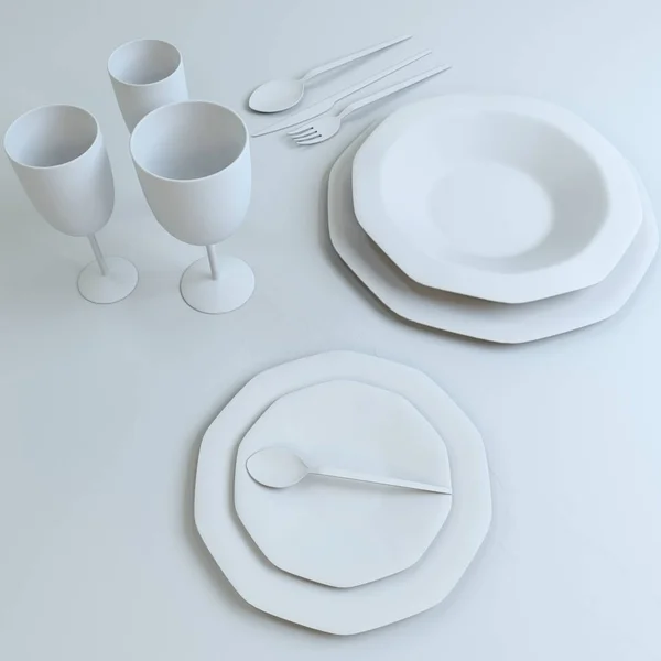 Абстрактна Ілюстрація Набору Посуду Білих Тонах Тарілки Склянки Ложки Виделка — стокове фото