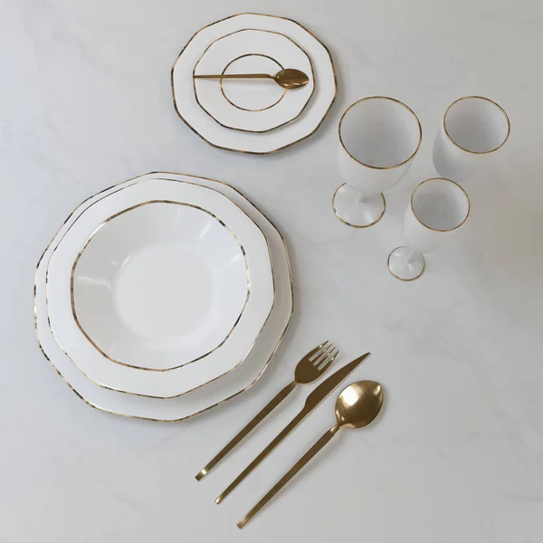 A beautiful set of dishes with a gold pattern. Plates, glasses, spoons, fork, knife on the table. 3D illustration.