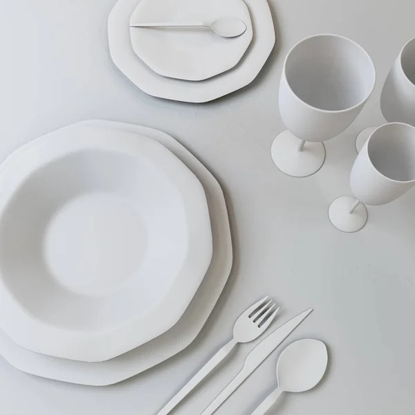 Abstract Illustration Set Dishes White Colors Plates Glasses Spoons Fork — Stock Photo, Image