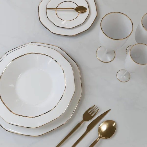 A beautiful set of dishes with a gold pattern. Plates, glasses, spoons, fork, knife on the table. 3D illustration.