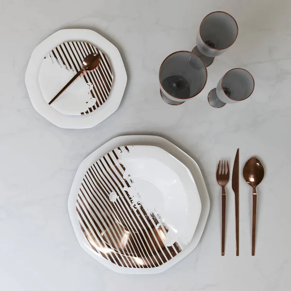 Beautiful Set Dishes Gold Pattern Plates Glasses Spoons Fork Knife — Stock Photo, Image