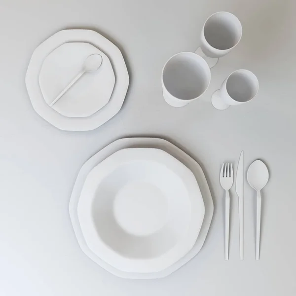 白の色で皿のセットの抽象的なイラスト プレート グラス スプーン フォーク テーブルの上のナイフ イラストレーション — ストック写真