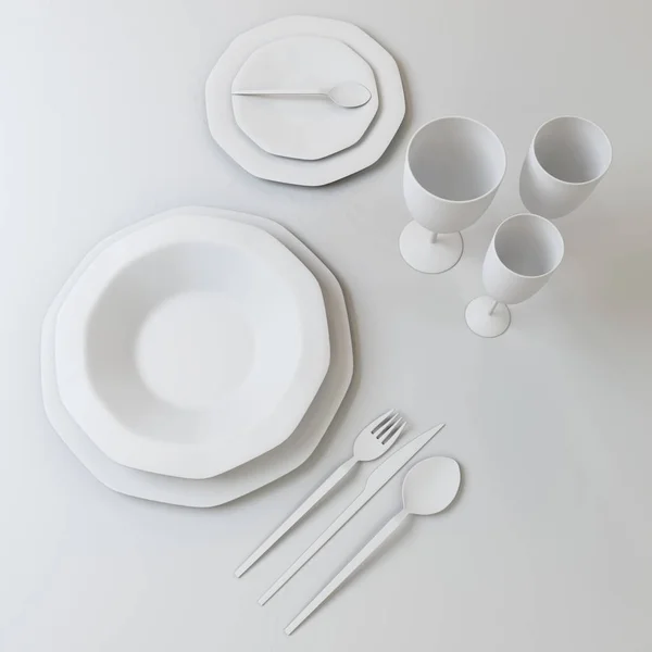 白の色で皿のセットの抽象的なイラスト プレート グラス スプーン フォーク テーブルの上のナイフ イラストレーション — ストック写真