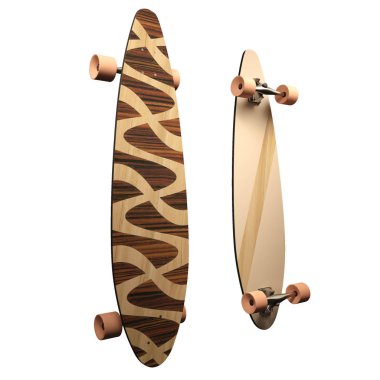 İzole kaykay ahşap desenli. Parlak bir desen ile longboard. 3D çizim