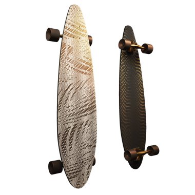 Siyah ve beyaz boyama ile izole kaykay. Longboard altın desenli. 3D çizim
