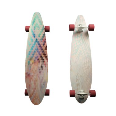 Mavi-kirmizi boyama ile izole kaykay. Parlak bir desen ile longboard. 3D çizim