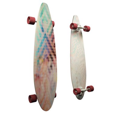 Mavi-kirmizi boyama ile izole kaykay. Parlak bir desen ile longboard. 3D çizim