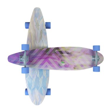 Mavi-kirmizi boyama ile izole kaykay. Parlak bir desen ile longboard. 3D çizim