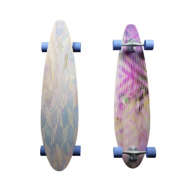 Mavi-kirmizi boyama ile izole kaykay. Parlak bir desen ile longboard. 3D çizim
