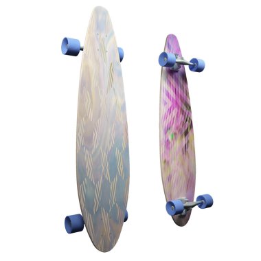 Mavi-kirmizi boyama ile izole kaykay. Parlak bir desen ile longboard. 3D çizim
