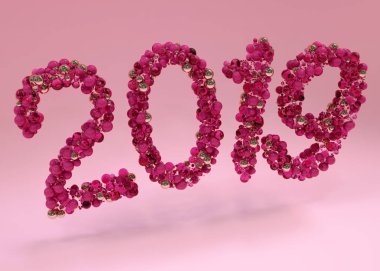 Mutlu yeni yıl 2019. 3d çizim topları 2019 sayıların kırmızı tonlarda oluşan tatil. Gerçekçi 3d işareti. Festival poster veya banner tasarımı.