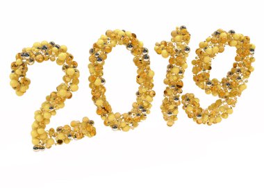 Mutlu yeni yıl 2019. Tatil izole 3d çizim oluşan topları sarı tonlarda sayı 2019. Gerçekçi 3d işareti. Festival poster veya banner tasarımı.