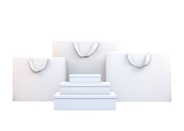 İzole Beyaz alışveriş torbaları ve soyut tarzda kutuları. 3D çizim