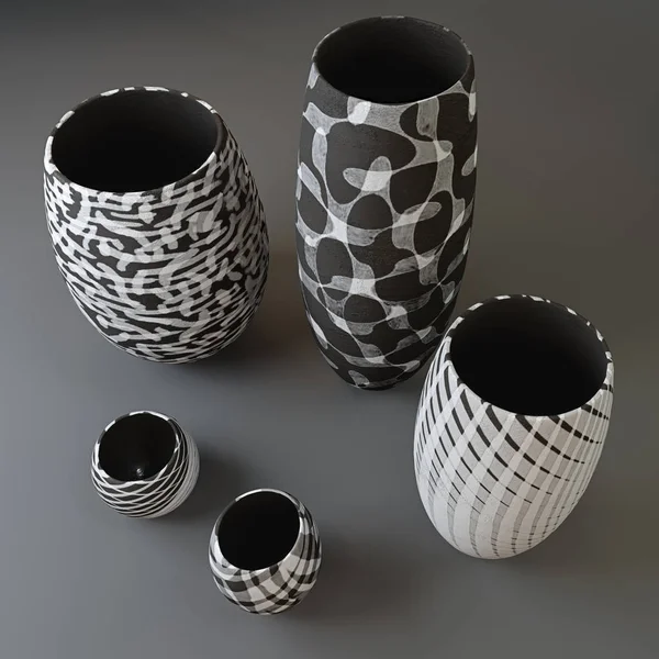 Set of vases with a beautiful pattern. Vases in ethnic style. 3D illustration
