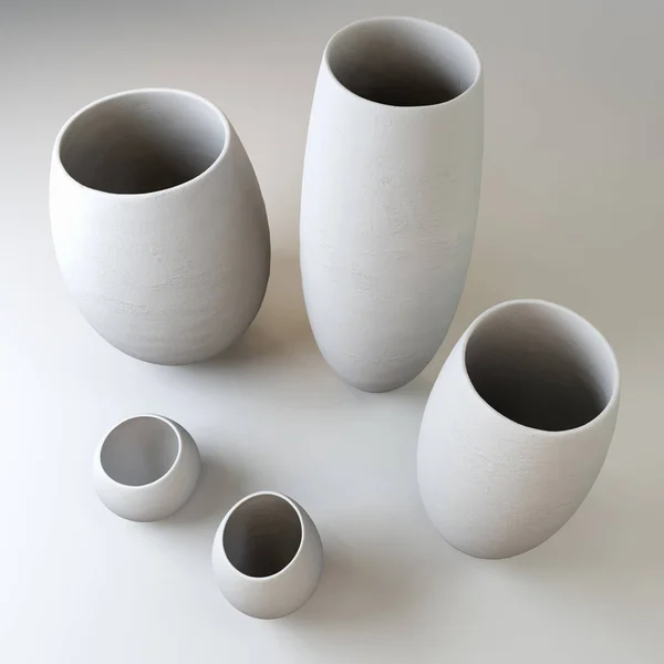 Set of white vases. Abstract design. 3D illustration