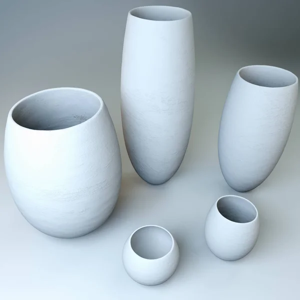 Set of white vases. Abstract design. 3D illustration