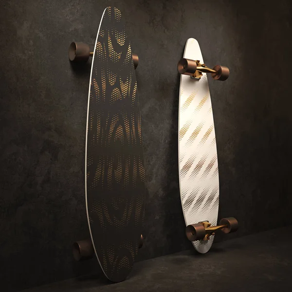 Skateboard Ένα Λευκό Και Μαύρο Χρωματισμό Longboard Χρυσό Μοτίβο Απεικόνιση — Φωτογραφία Αρχείου