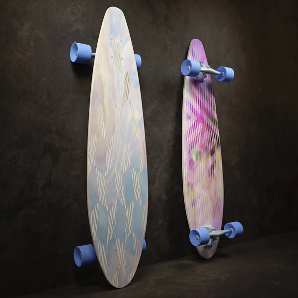 Skateboard Met Blauw Rode Kleuren Longboard Met Een Heldere Patroon — Stockfoto