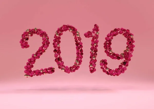 Happy New Year 2019. Holiday 3d illustration made up of balls in red tones of numbers 2019. Realistic 3d sign. Festive poster or banner design.