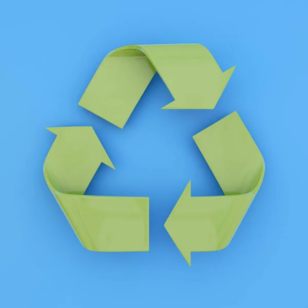 Green recycle symbol on blue background. 3D illustration.