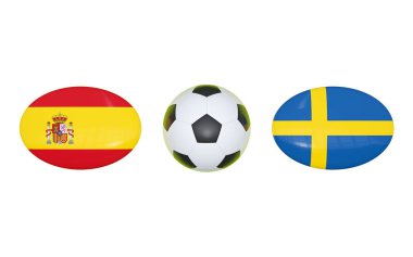 Avrupa Futbol Şampiyonası 2020. Futbol için zamanlama İspanya - İsveç ile eşleşir. Bayraklar ülkeler ve futbol topu. 3D çizim.
