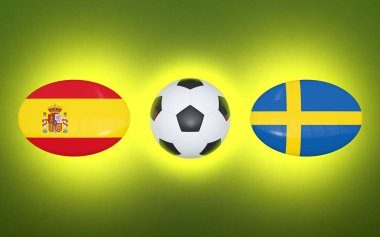 Avrupa Futbol Şampiyonası 2020. Futbol için zamanlama İspanya - İsveç ile eşleşir. Bayraklar ülkeler ve futbol topu. 3D çizim.