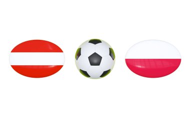 Avrupa Futbol Şampiyonası 2020. Futbol için zamanlama Avusturya - Polonya ile eşleşir. Bayraklar ülkeler ve futbol topu. 3D çizim.