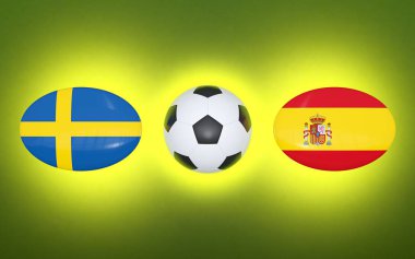 Avrupa Futbol Şampiyonası 2020. Futbol için zamanlama İsveç - İspanya ile eşleşir. Bayraklar ülkeler ve futbol topu. 3D çizim.