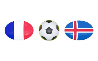 Avrupa Futbol Şampiyonası 2020. Futbol için zamanlama Fransa - İzlanda ile eşleşir. Bayraklar ülkeler ve futbol topu. 3D çizim.