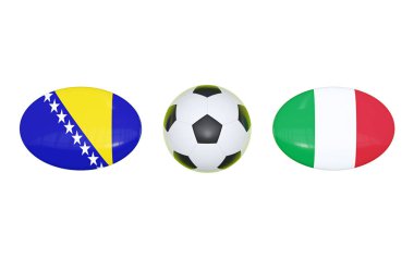 Avrupa Futbol Şampiyonası 2020. Futbol için zamanlama Bosna - İtalya ile eşleşir. Bayraklar ülkeler ve futbol topu. 3D çizim.