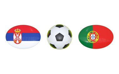 Avrupa Futbol Şampiyonası 2020. Futbol için zamanlama Sırbistan - Portekiz ile eşleşir. Bayraklar ülkeler ve futbol topu. 3D çizim.