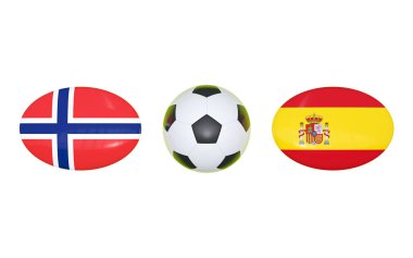 Avrupa Futbol Şampiyonası 2020. Futbol için zamanlama Norveç - İspanya ile eşleşir. Bayraklar ülkeler ve futbol topu. 3D çizim.